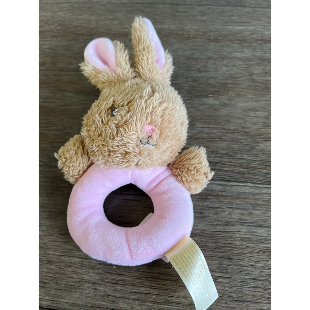 MTY International Baby Bunny Rattle Plush Pink Tan Shaggy Rabbit Infant Toy 2022